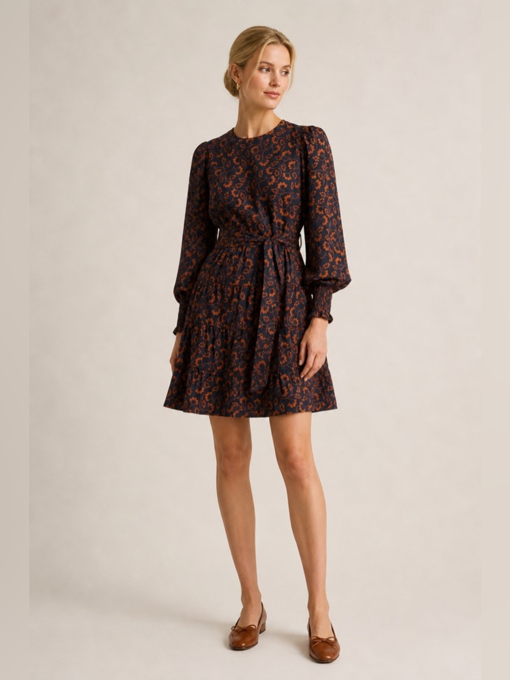 Boden Navy Brown Long Puff Sleeves Tiered Dress Smocked Floral Leaves Cotton 12R - Picture 5 of 12